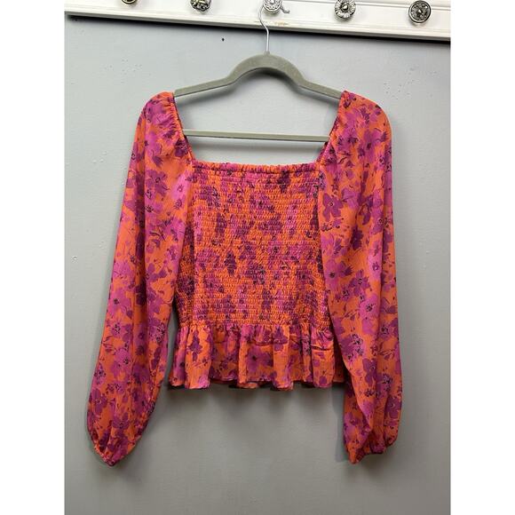 Pink Lily Blouse Womens Large Pink Smocked Floral Sheer Sleeves Ruffles Festival - Picture 2 of 9